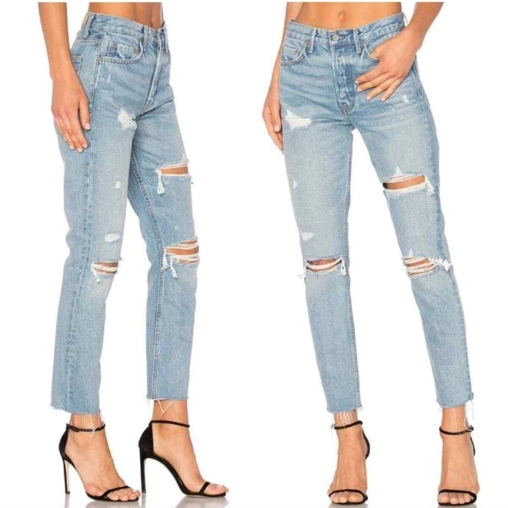 NWT GRLFRND Karolina Petite distressed 5 pcket Trendy high-rise slim-leg jean 26